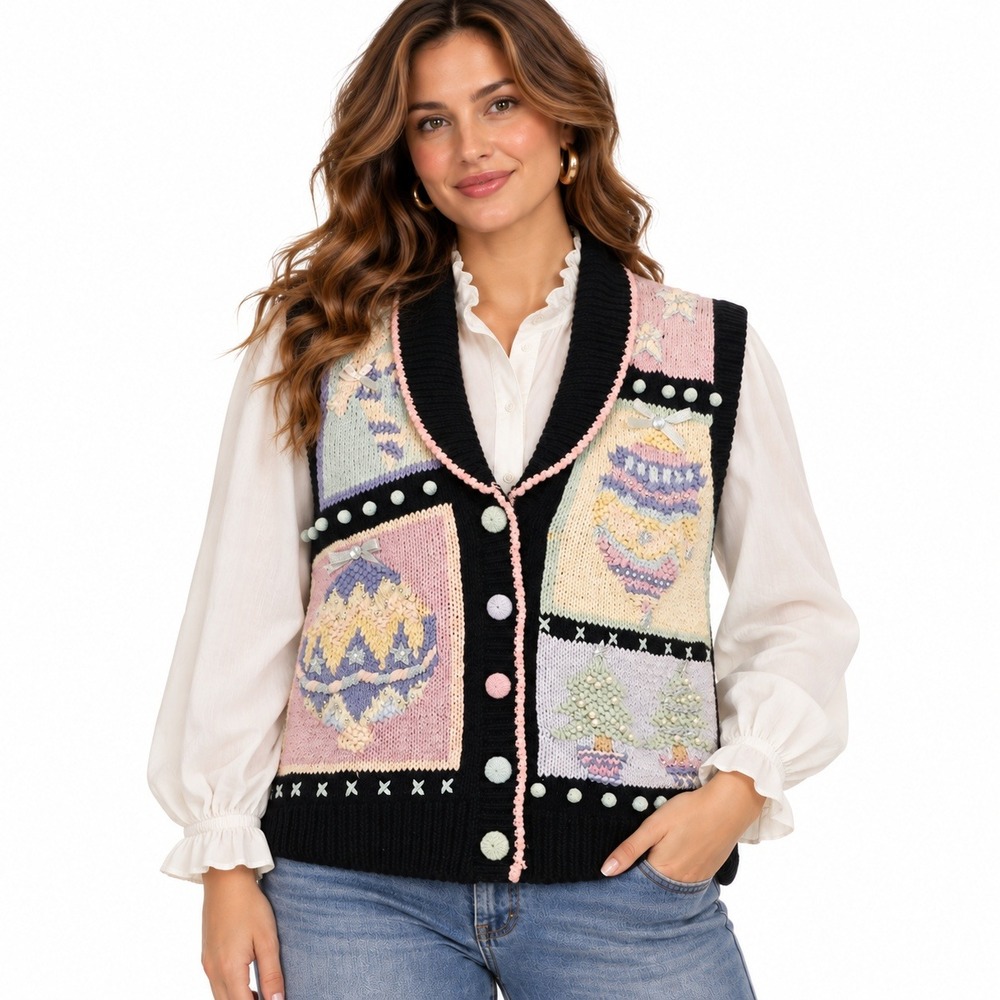 Vintage 90s Kathie Lee Sweater Vest L Black Multi Christmas Grandmacore Cottage